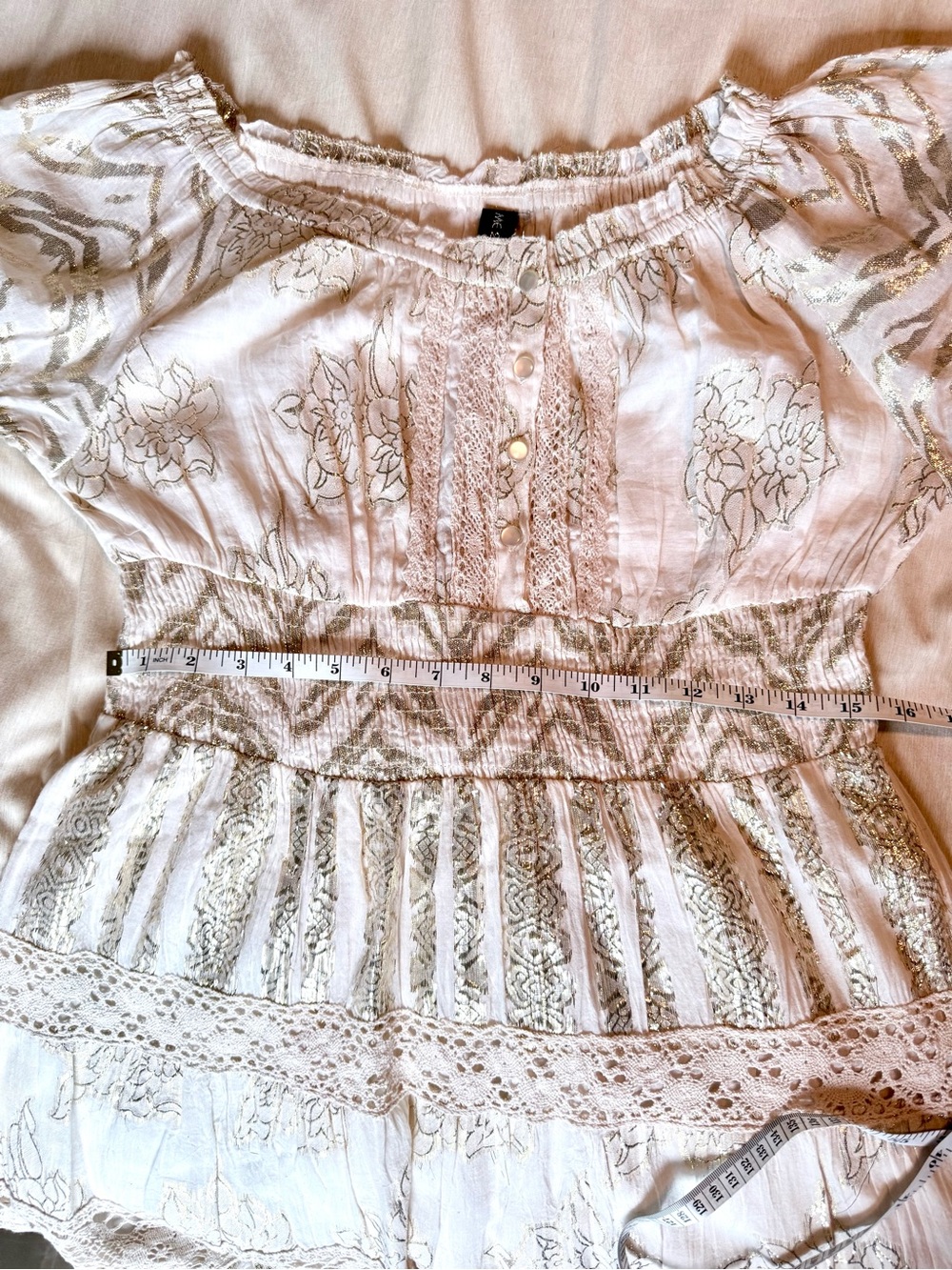 NWT Stunning Shimmery Cream and Gold Lace Metallic Embroidered Boho Midi Dress - Picture 12 of 15